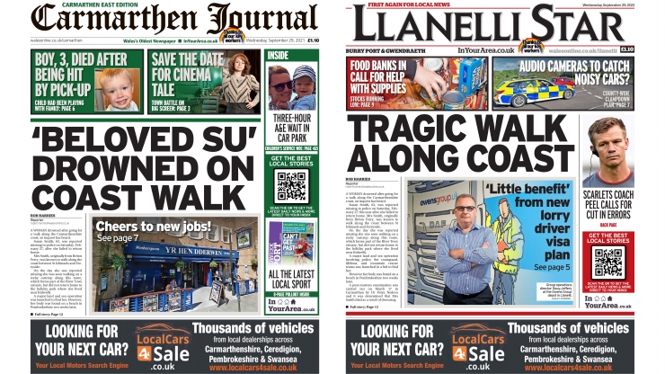 Front page of todays Carmarthen Journal and Llanelli Star